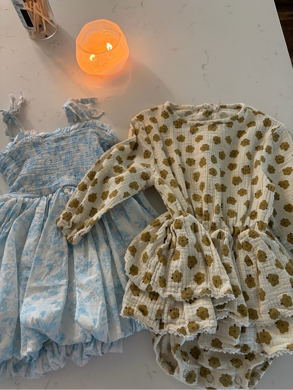 Quincy Mae Blue Floral Dress & Cream Floral Ruffle Romper Set